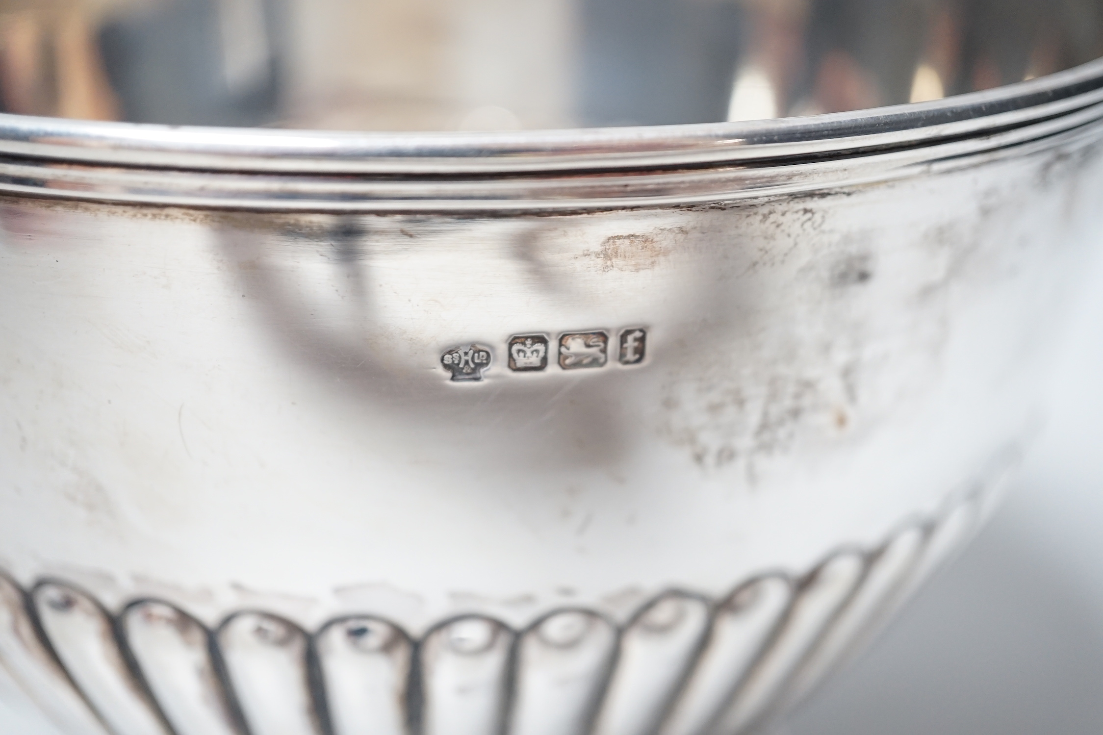 A late Victorian demi-fluted rose bowl, by William Hutton & Sons, Sheffield, 1898, diameter 18.5cm, 14.6oz.